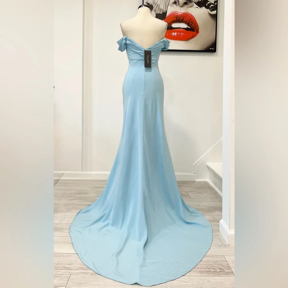 Monique Lhuillier Collection Draped Off-The-Shoulder Silk Gown Blue Maxi Dress - Picture 9 of 15
